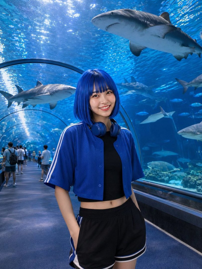 A young woman with blue hair and a blue jacket smiles in an underwater tunnel with sharks swimming around.