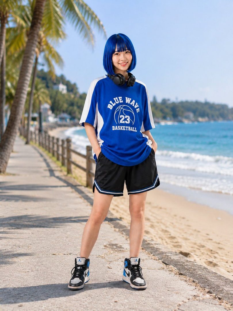 A young woman with blue hair and a blue basketball jersey stands on a path next to a beach with palm trees.