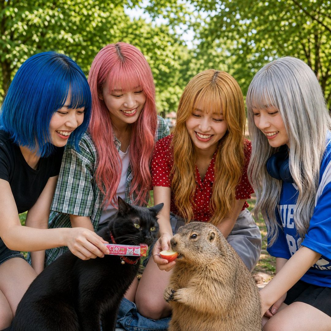 Four young women with colorful hair are outdoors, feeding a black cat and a marmot.