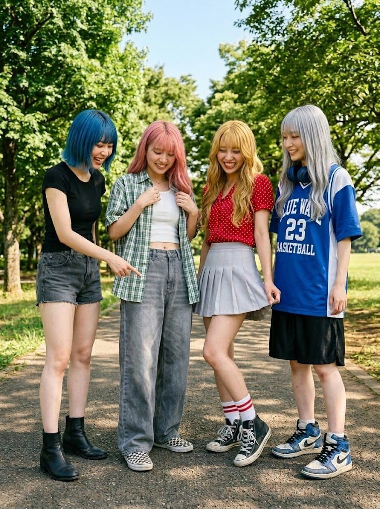 Four young women with colorful hair are laughing and posing outdoors in a park on a sunny day, wearing casual summer outfits.