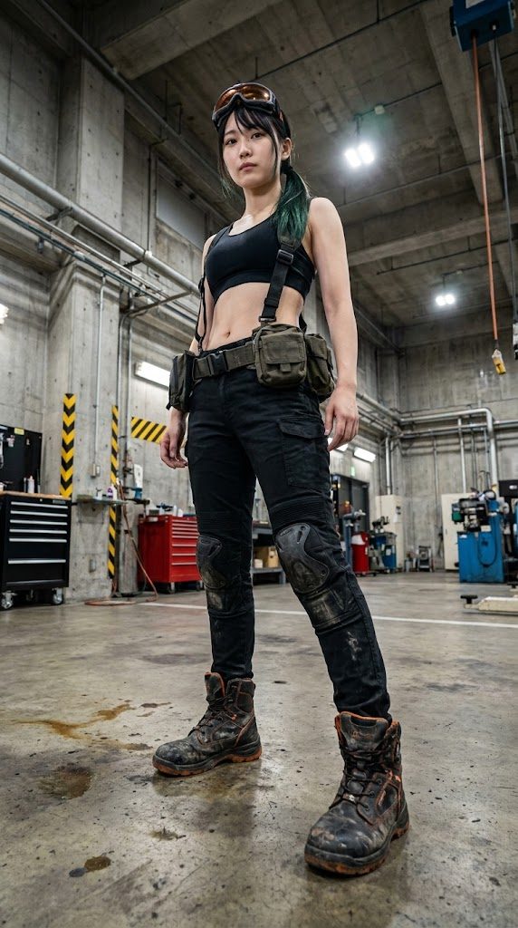 A woman in a black sports bra, cargo pants, and work boots stands in an industrial setting.