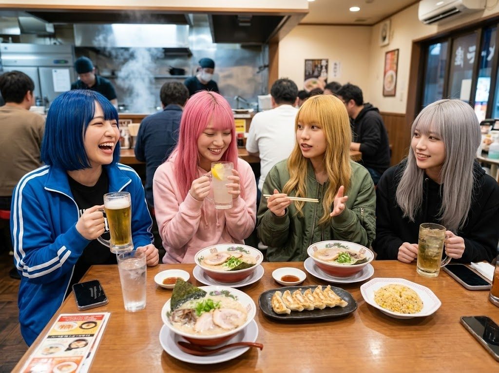 Four young women with colorful hair are enjoying ramen and drinks at a lively Japanese restaurant at night.