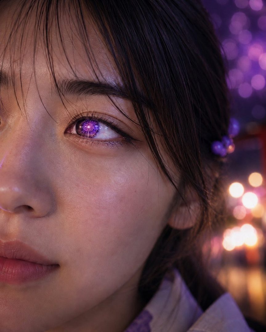 A close-up portrait of a woman with dark hair and glowing purple eyes, wearing a kimono at night.