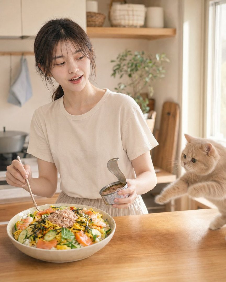 A young woman in a casual t-shirt is preparing a colorful chirashi sushi bowl in a bright kitchen, with a cat curiously looking at a can of tuna.