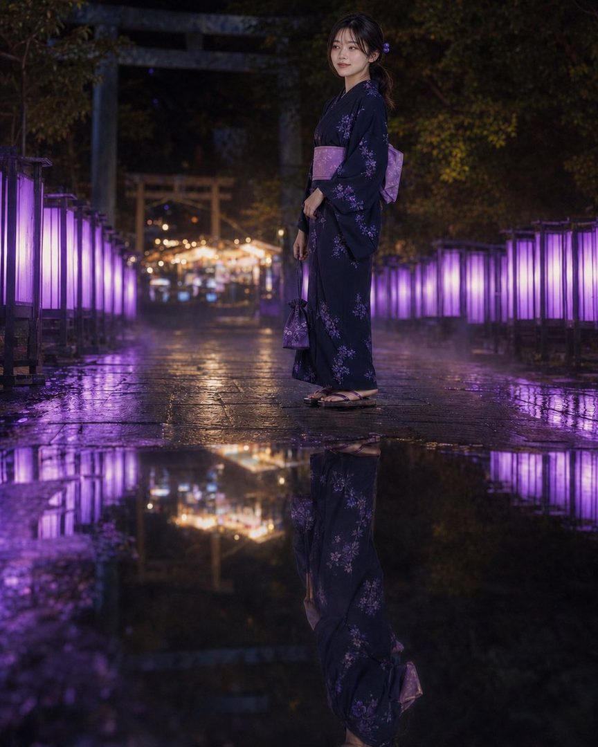 A young woman in a dark yukata with purple patterns stands on a wet path lined with glowing purple lanterns at night, with her reflection visible in the water.