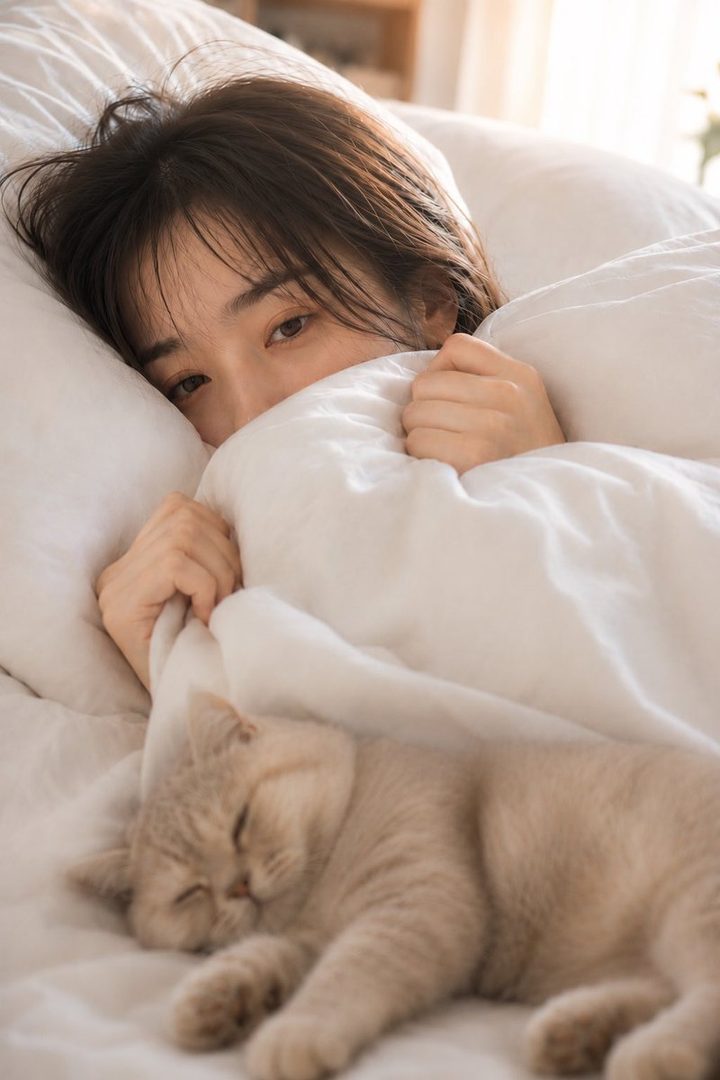 A young woman with brown hair peeks out from under a white duvet in bed, with a sleeping cat beside her.