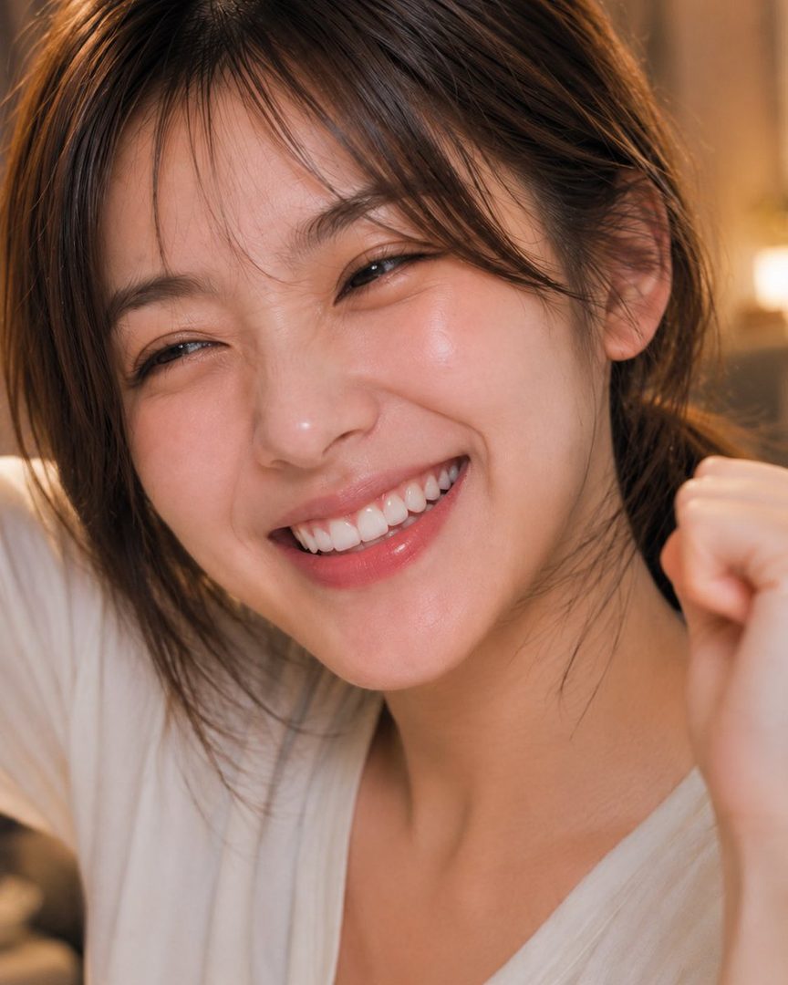 A close-up portrait of a young East Asian woman with brown hair and bangs, smiling brightly with her eyes closed.
