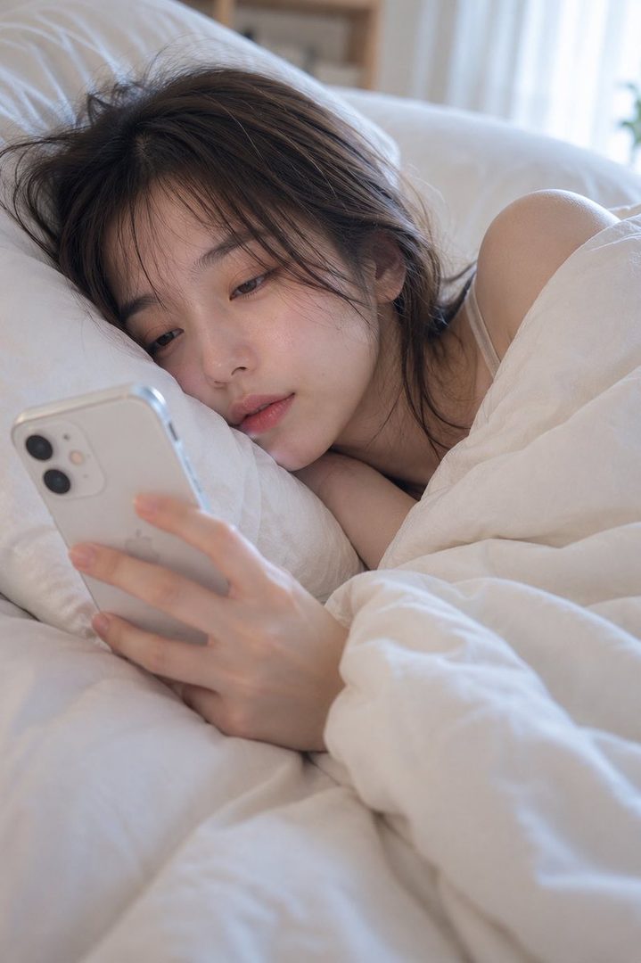 A young woman lies in bed, covered by a white duvet, looking at her phone.
