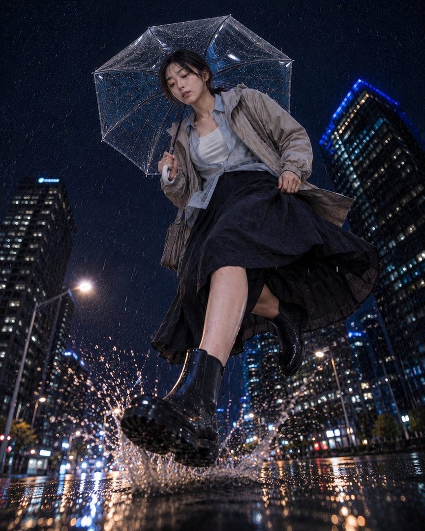 A woman in a raincoat and skirt jumps over a puddle with an umbrella at night in a city.