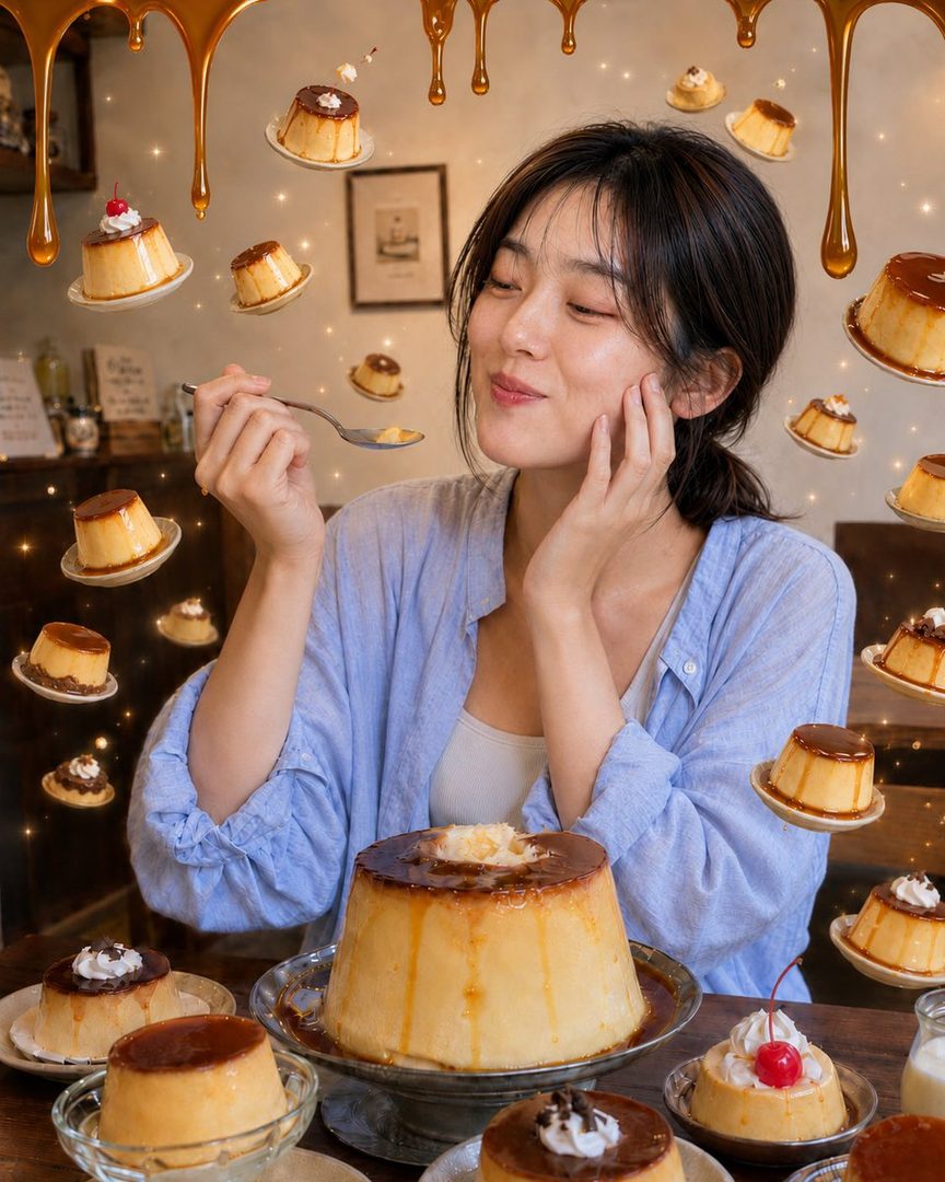 A woman with brown hair in a blue shirt is happily eating pudding with a spoon, surrounded by many puddings and caramel sauce drips.