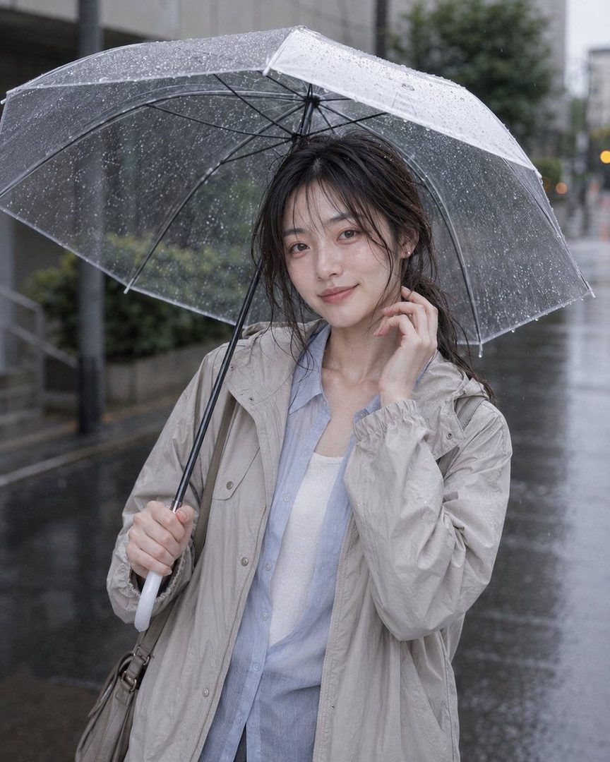 A young woman with long brown hair holds a clear umbrella on a rainy street, wearing a light jacket and blue shirt.