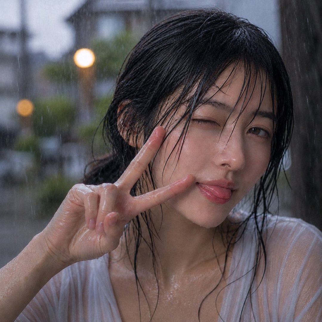 A young woman with wet black hair winks and makes a peace sign with her hand while sticking out her tongue in the rain.