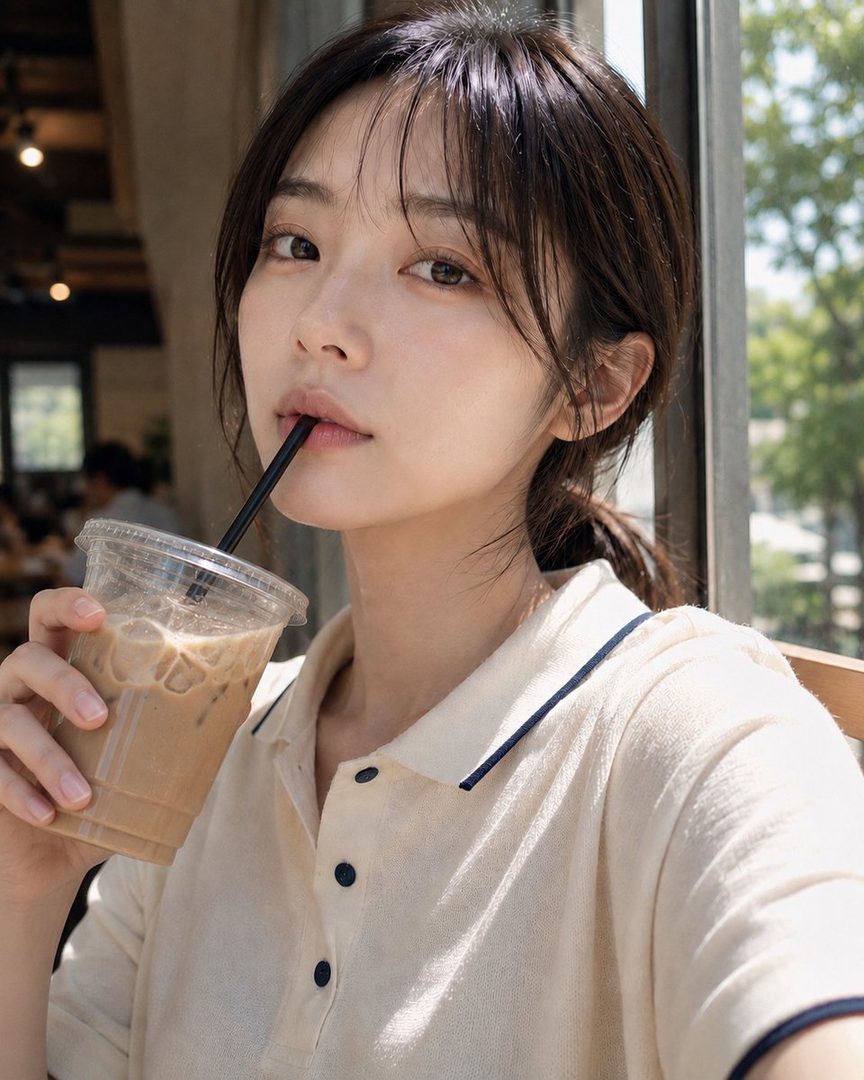 A young woman with brown hair and bangs sips an iced coffee through a straw in a cafe.