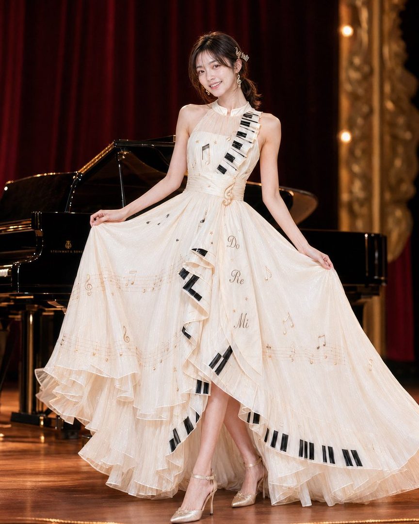 A beautiful woman in an elegant piano-themed dress stands in a studio with a grand piano in the background.