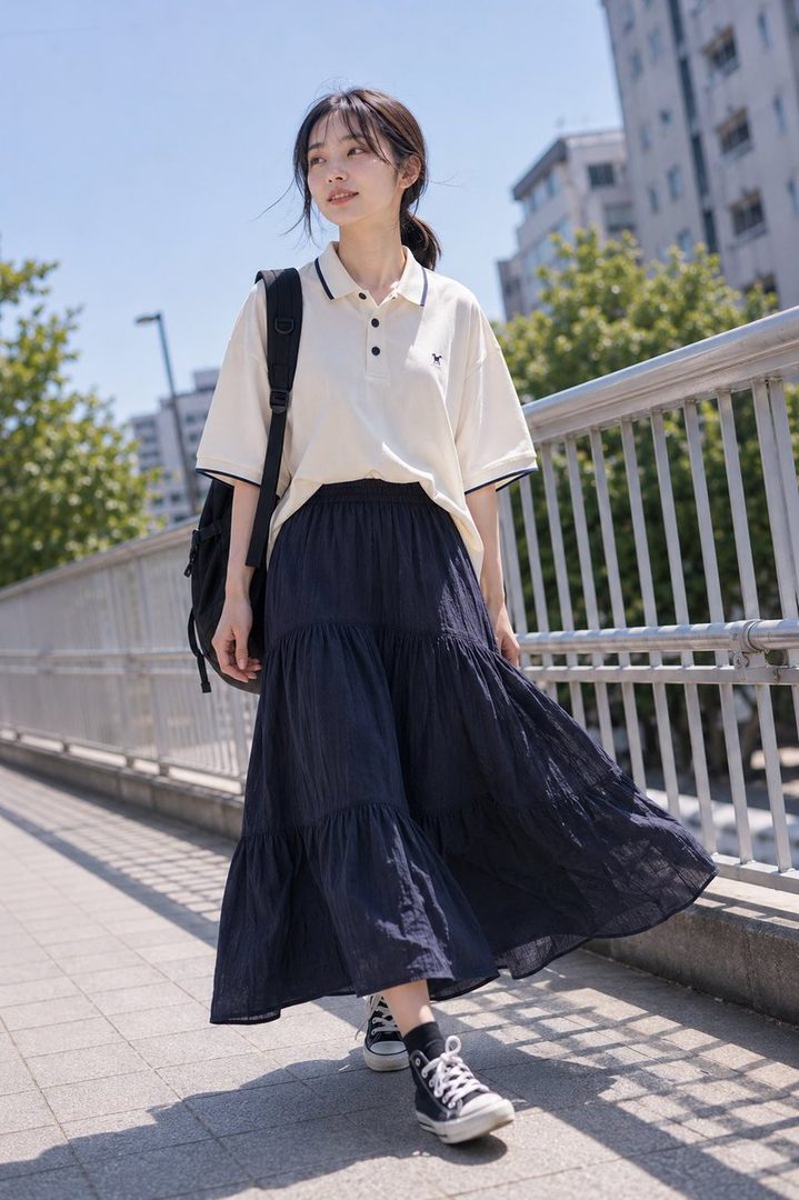A young woman with long brown hair and bangs, wearing a cream polo shirt and a long dark skirt, walks on a city bridge on a sunny day.