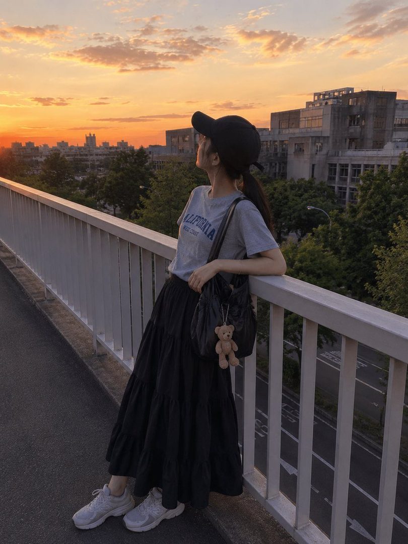 A young woman in a black cap and long black skirt stands on a bridge, looking at the sunset over a city.