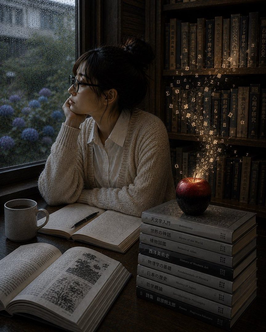 A young woman with glasses and a bun hairstyle is looking out a rainy window, surrounded by books and a glowing apple.