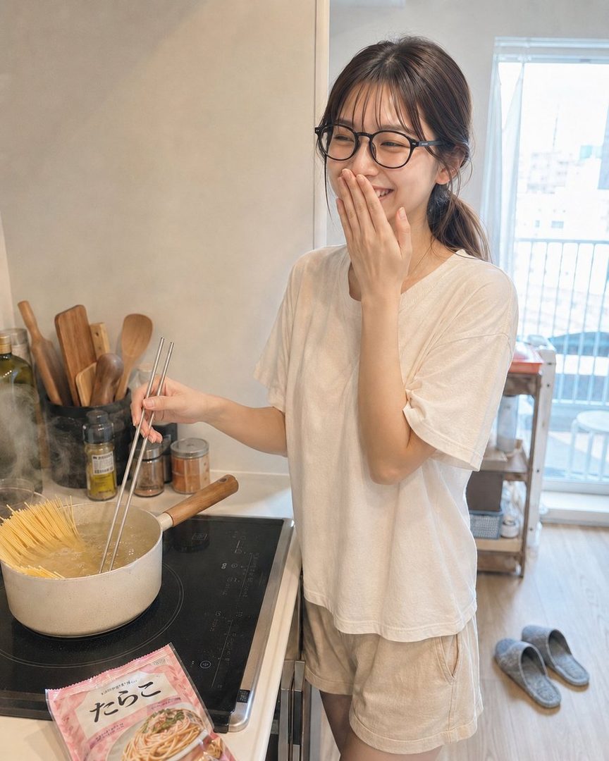 A young woman with glasses and a ponytail is smiling and cooking pasta in a kitchen.
