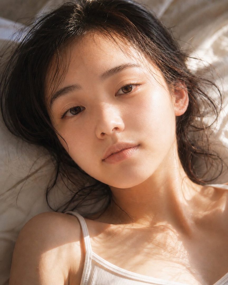 A close-up portrait of a young East Asian woman with dark hair, wearing a white tank top, lying down with soft sunlight on her face.