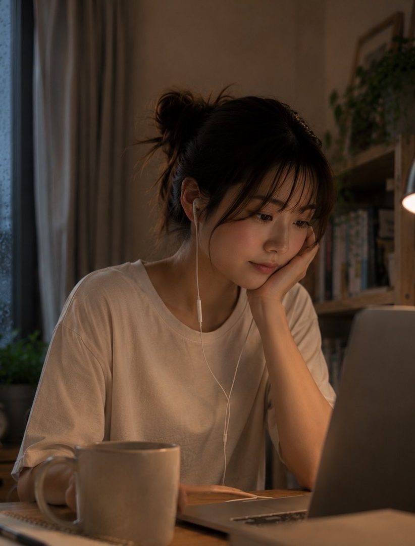 A young woman with brown hair tied in a bun, wearing a white t-shirt and earphones, looking at a laptop in a dimly lit room.