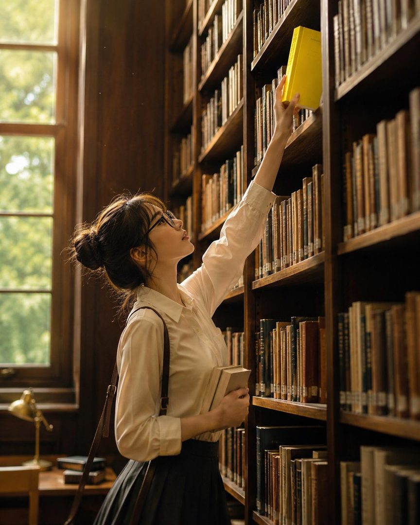 A young woman with glasses and a bun hairstyle reaches for a yellow book on a tall bookshelf in a sunlit library.