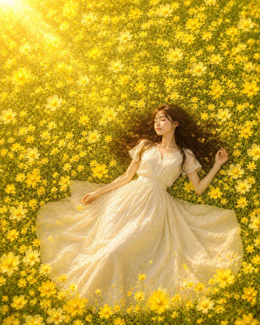 A young woman with long brown hair lies peacefully in a field of bright yellow flowers, wearing a light-colored dress.