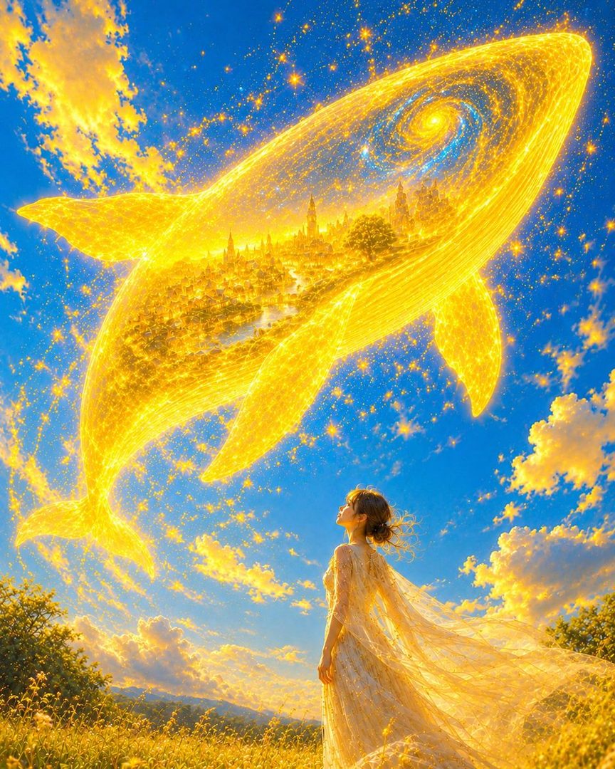 A woman in a flowing golden dress looks up at a giant golden whale in a bright blue sky with golden clouds.
