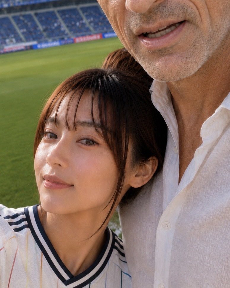 A young woman with brown hair in a ponytail and bangs, wearing a sports jersey, takes a selfie with an older man at a soccer stadium.