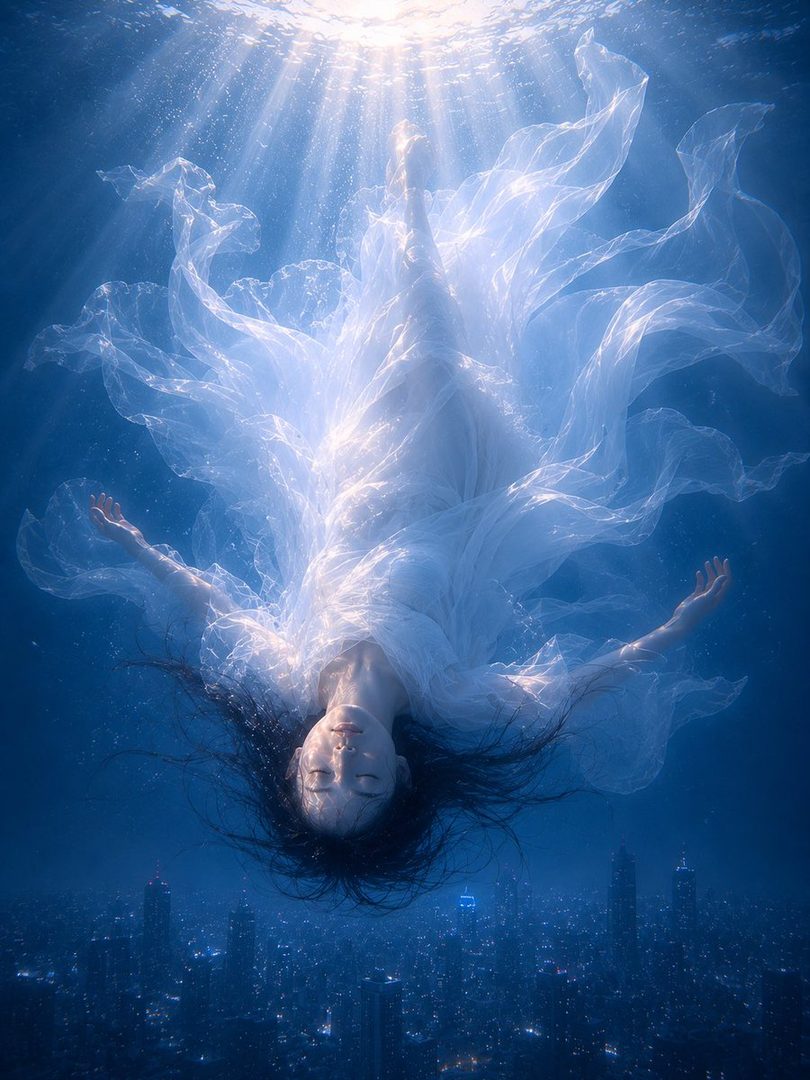 A woman in a flowing white dress floats underwater with light rays from above and a city skyline below.