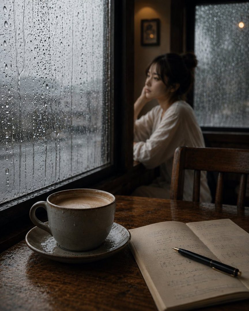 A woman with brown hair in a white blouse sits by a window on a rainy day, with a cup of coffee and an open book on the table.