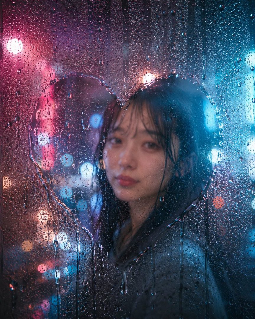 A woman with long black hair and bangs looks through a heart-shaped clearing on a rainy window at night, with blurred city lights in the background.