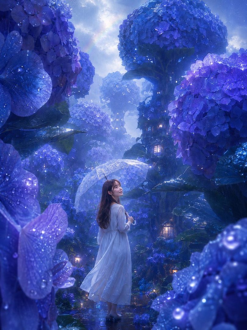 A woman in a white dress holds an umbrella in a magical forest of glowing purple hydrangeas.