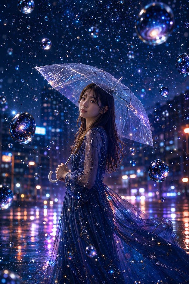 A woman in a sparkling blue dress holds a clear umbrella under a starry, rainy night sky in a city.