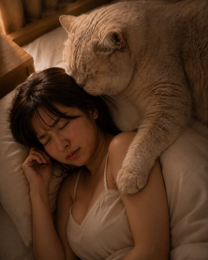 A woman with brown hair sleeps peacefully in bed with a large cat resting its head on her.