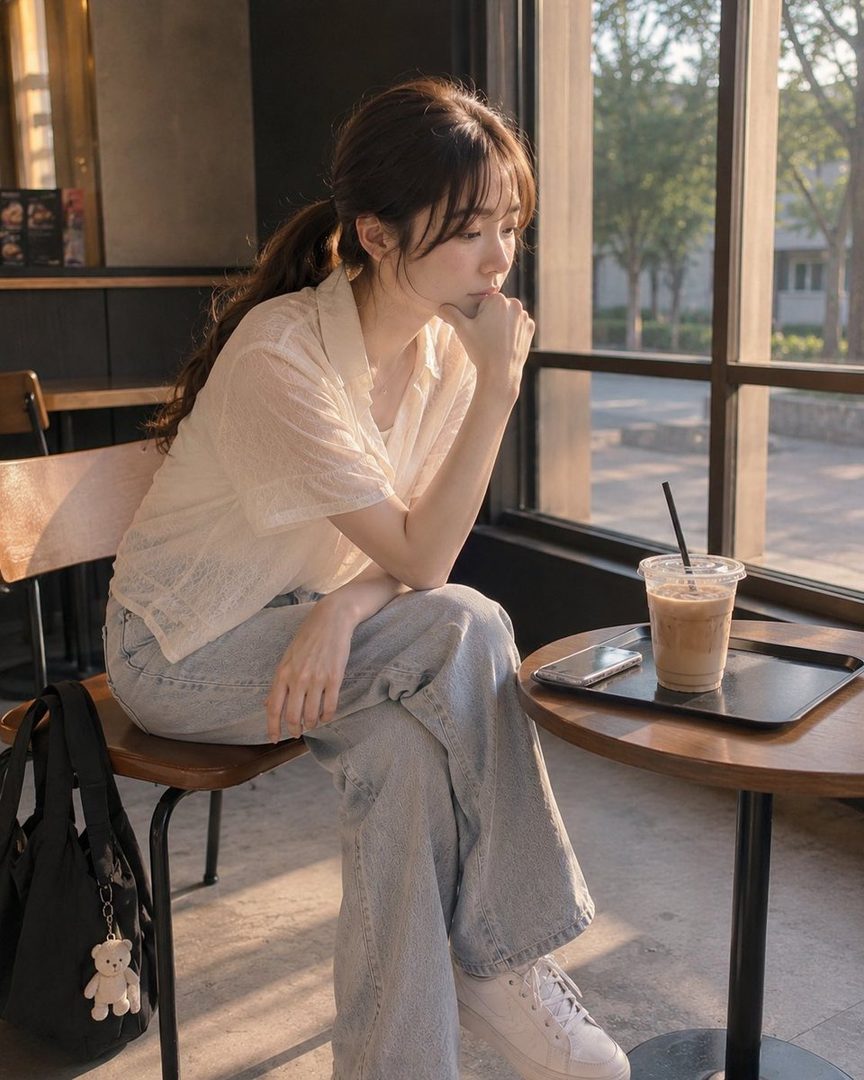 A young woman with brown hair in a ponytail sits thoughtfully by a window in a cafe, wearing a white shirt and jeans.