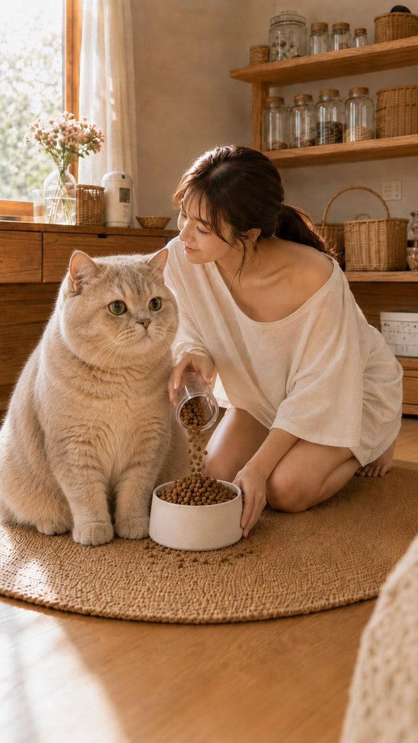 A woman with brown hair in a ponytail, wearing a casual white top, kneels on a rug indoors, feeding a large cat from a bowl.