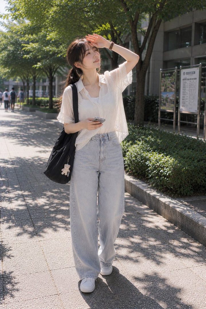 A young woman in a white sheer top and light blue jeans walks outdoors on a sunny day, shielding her eyes from the sun.