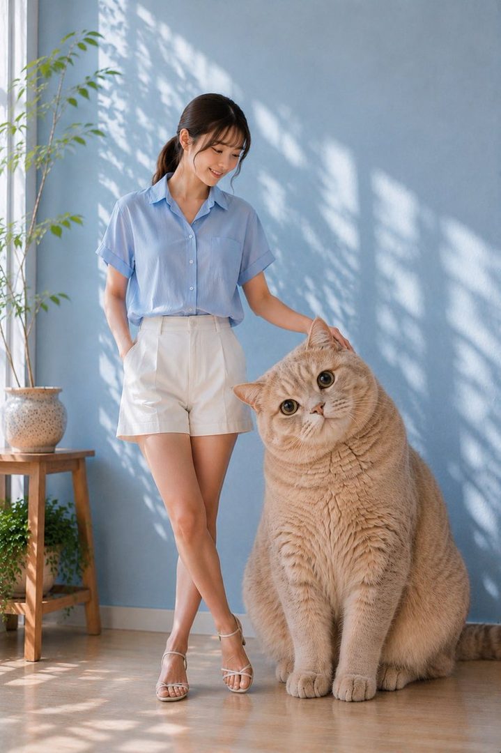 A young woman in a light blue shirt and white shorts stands next to a giant cat in a sunlit room.