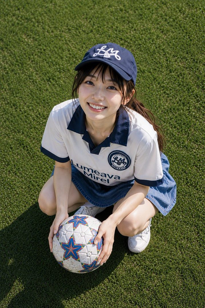 A smiling East Asian woman in a white and blue polo shirt and a blue cap, crouching on a green artificial turf field with a soccer ball.