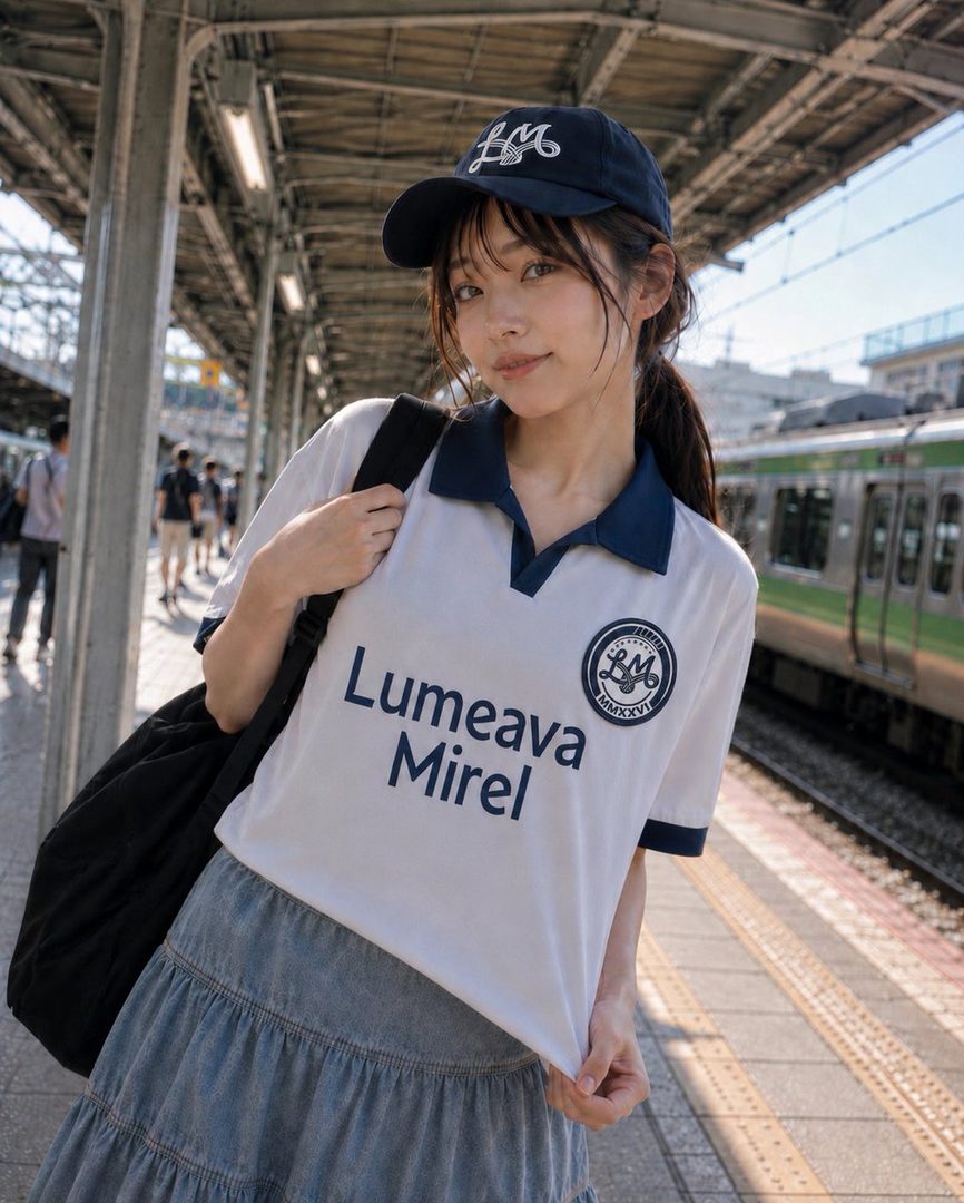 A young woman wearing a white and blue Lumeava Mirel soccer jersey and a denim skirt poses at a train station platform.