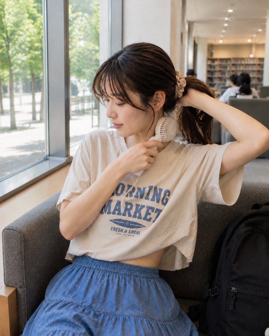 A young woman with brown hair in a ponytail, wearing a casual t-shirt and blue skirt, sits indoors with a small fan.