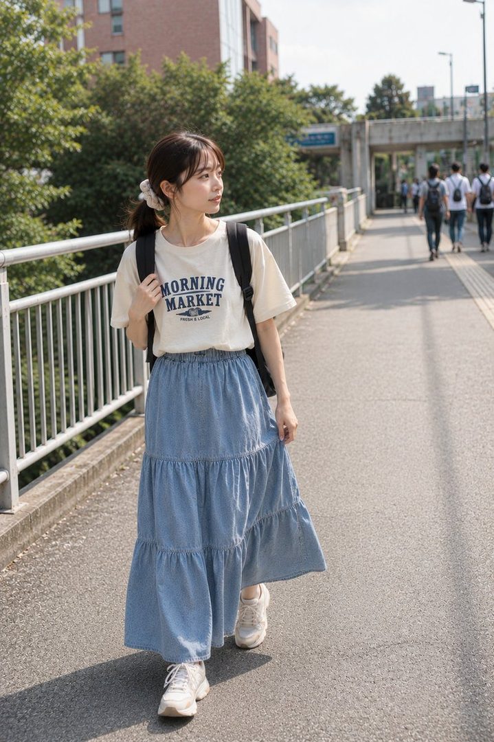 A young woman with brown hair tied in a ponytail, wearing a white t-shirt and a long blue denim skirt, walks outdoors on a sunny day.