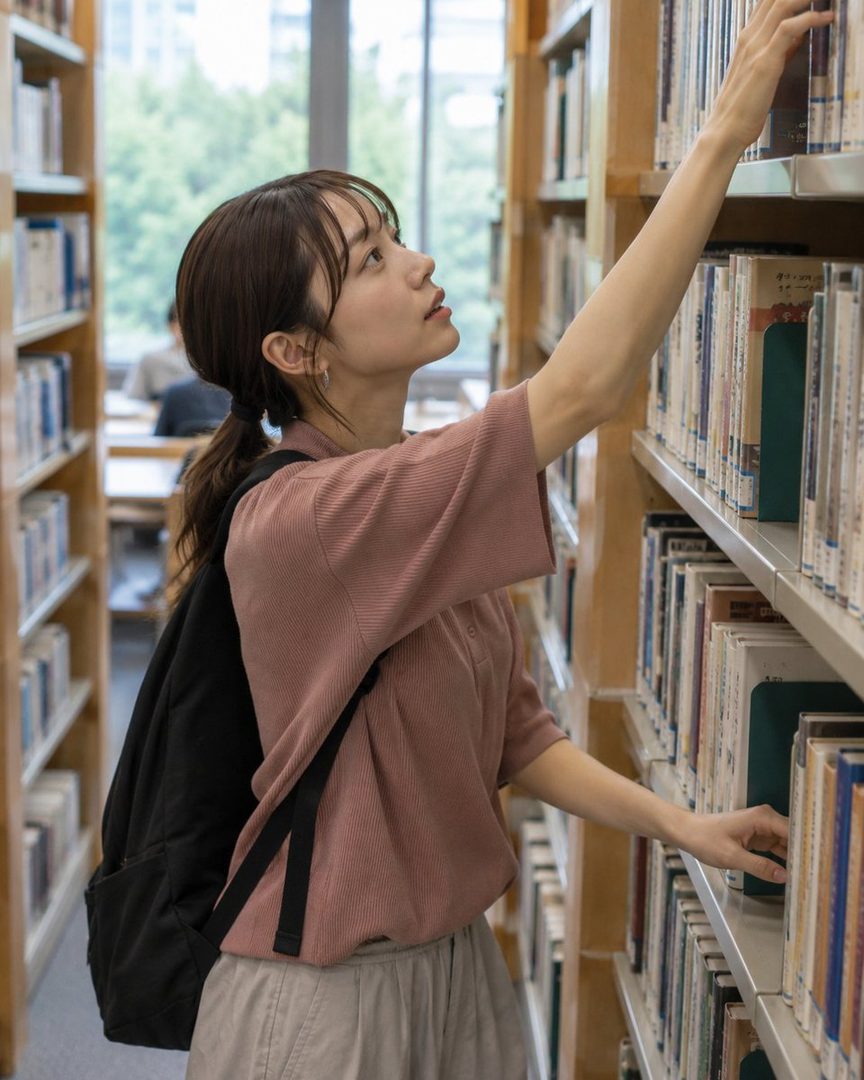 A young woman with brown hair in a ponytail reaches for a book on a high shelf in a library.