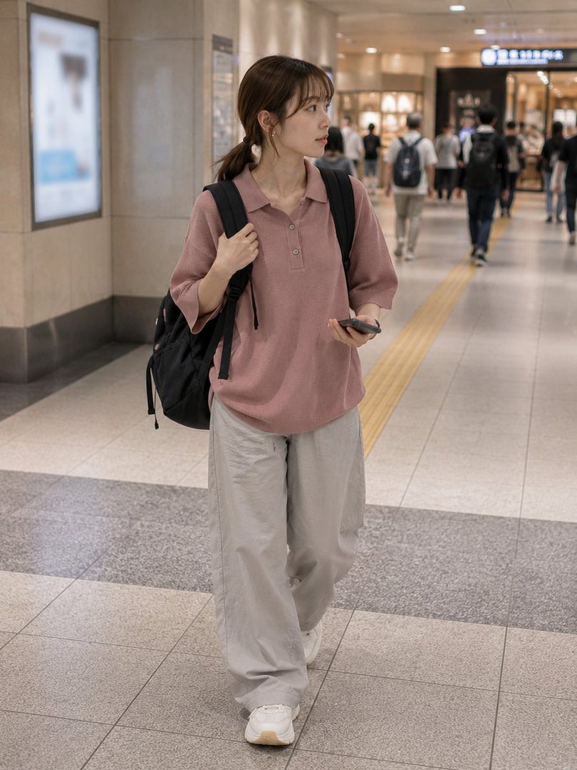 A young woman with brown hair in a ponytail, wearing a pink polo shirt and light grey pants, walks through a bright indoor city passage while holding a phone.
