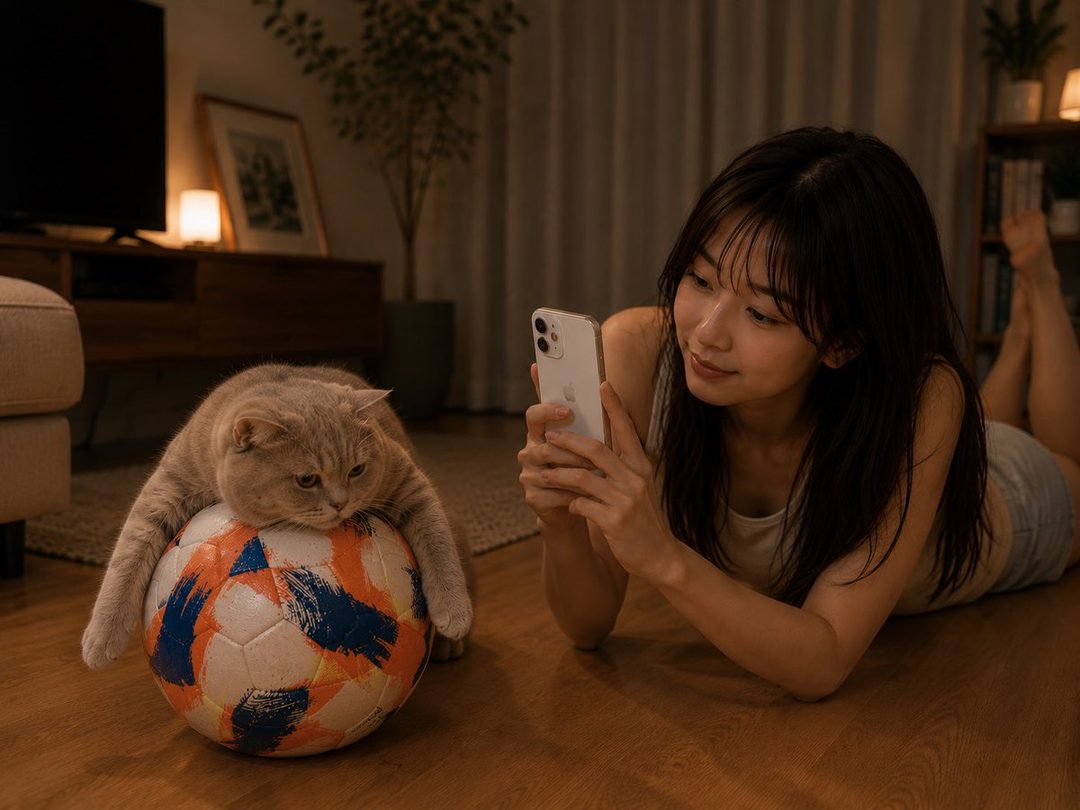 A young woman lies on the floor, taking a photo of a cat resting on a soccer ball in a dimly lit room.
