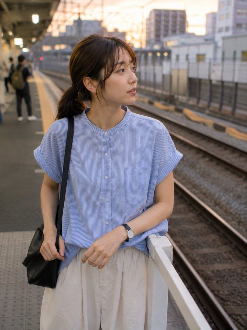 A young woman with brown hair tied in a ponytail, wearing a blue striped blouse and light pants, stands on a train platform during golden hour.