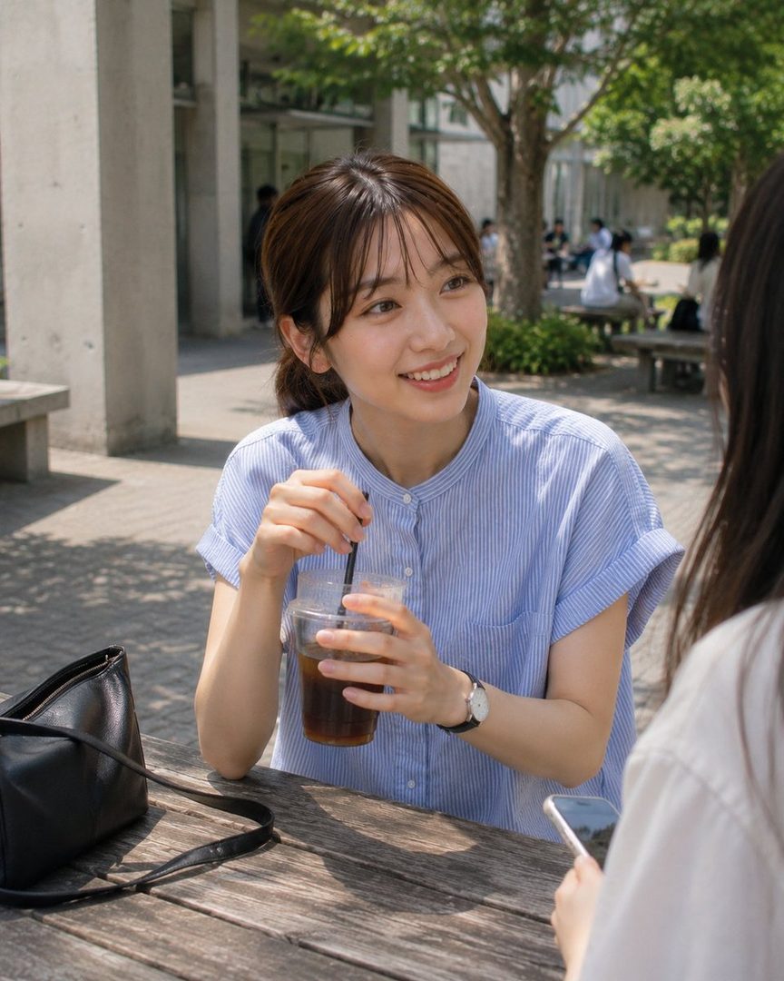 A young woman with brown hair in a ponytail and bangs, wearing a blue striped blouse, smiles while holding a drink outdoors.