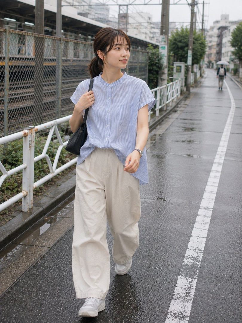 A young woman with brown hair tied in a ponytail walks down a wet street, wearing a light blue striped blouse and beige pants.
