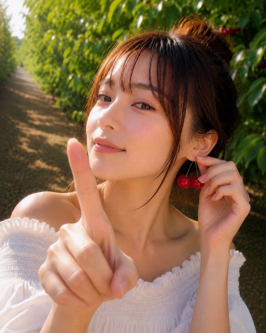 A beautiful woman with brown hair and a white off-shoulder top poses outdoors, holding cherry earrings and pointing a finger.