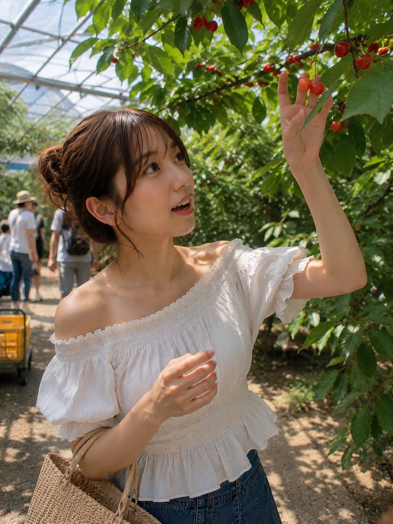 A young woman with brown hair in a white off-shoulder top reaches for cherries on a tree in a garden.